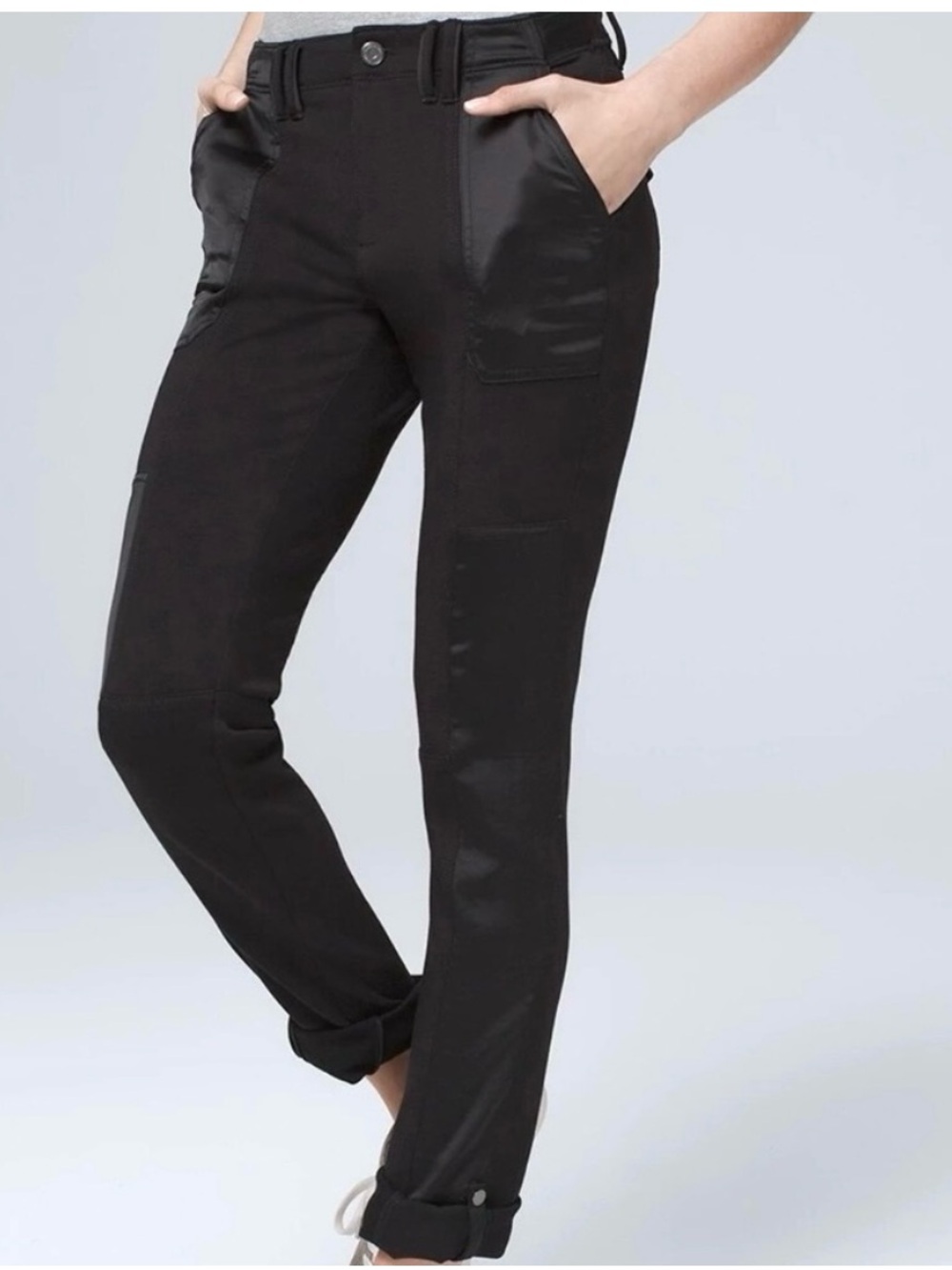 WHBM Straight Crop Pants Women’s Size 6 Satin Roll Tab Hems Convertible Black